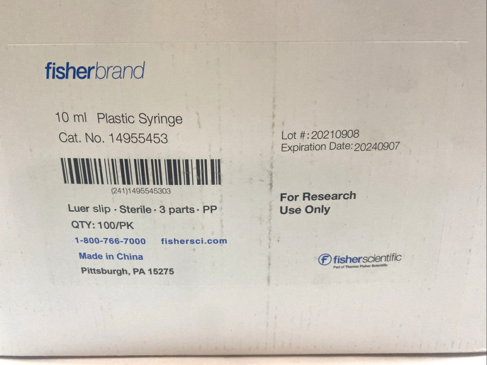 Fisher Scientific 14955453 10 mL Luer Slip Syringe Sterile Disposable PKG OF 87