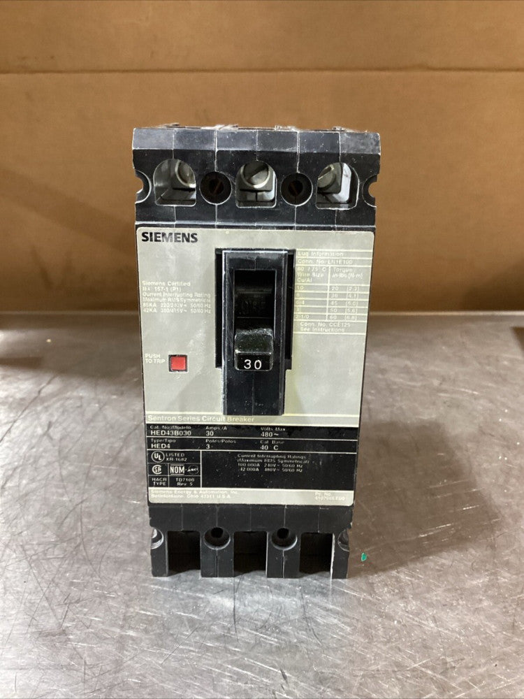 Siemens HED43B030 Circuit Breaker, 480 Volts, 30 Amps, 42kA@480V, 3 Poles, NOS