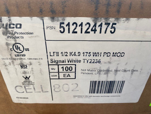 (CASE OF 100) TYCO 1/2" 175 WHT PNDT K4.9 LF-II TY2236 512124175 SPRINKLER HEAD