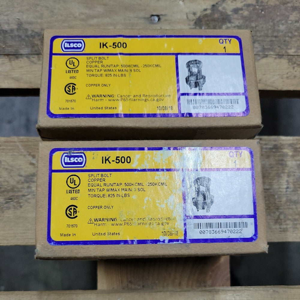 1  ILSCO SPLIT BOLT CONNECTOR, IK-500, IK500, 500-250KCMIL, 2000 VOLTS, COPPER