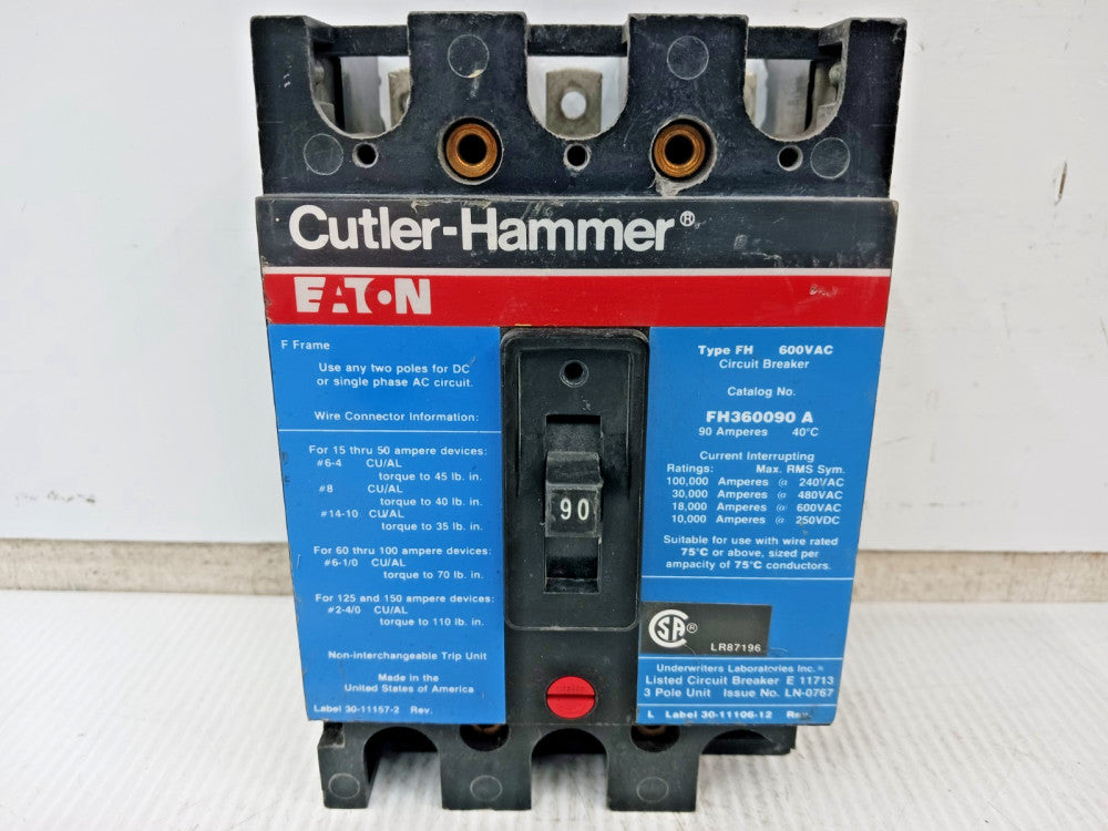 Eaton 90 Amp Circuit Breaker 3 Pole 600 VAC / 250 VDC 30kA FH360090A *Flaw*