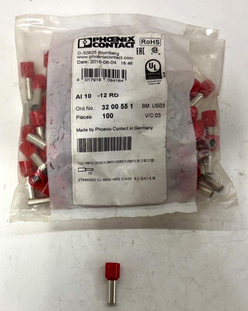 PHOENIX CONTACT TERMINALS LOT OF 100 3200551 ONE WIRE PUSH IN MALE CRIMP 8AWG