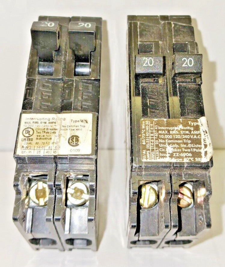 2) SIEMENS 20 AMP TANDEM CIRCUIT BREAKERS SINGLE POLE 120/240 VAC Q2020NC