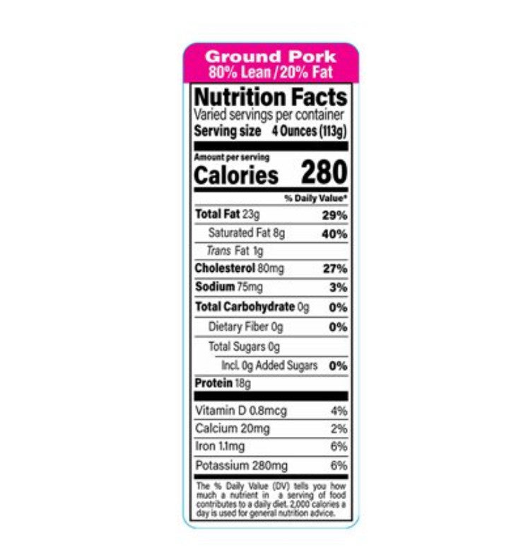 Ground Pork 80% Lean 20% Fat Meat Nutritional Grinds Label 1.5” x 4.125” 1000