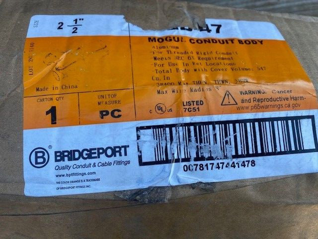 Bridgeport MLB-47 2-1/2" Mogul Conduit Body, Aluminum
