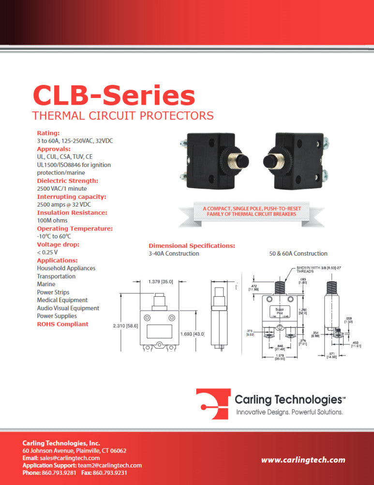 CARLING TECHNOLOGIES CLB-153-27J6N-W-H Circuit Breaker Thermal 1Pole 15A 125VAC