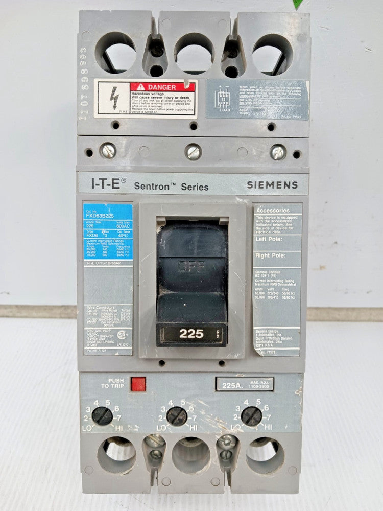 Siemens ITE Sentron 225 Amp Circuit Breaker 3 Pole 600 VAC 35kA FXD63B225