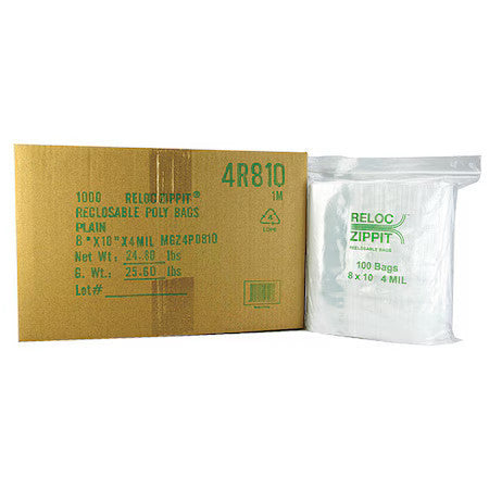 Reloc Zippit 4R810 Reclosable Bag, Zip Seal, 10 In L, 8 In W, 4 Mil Thick,