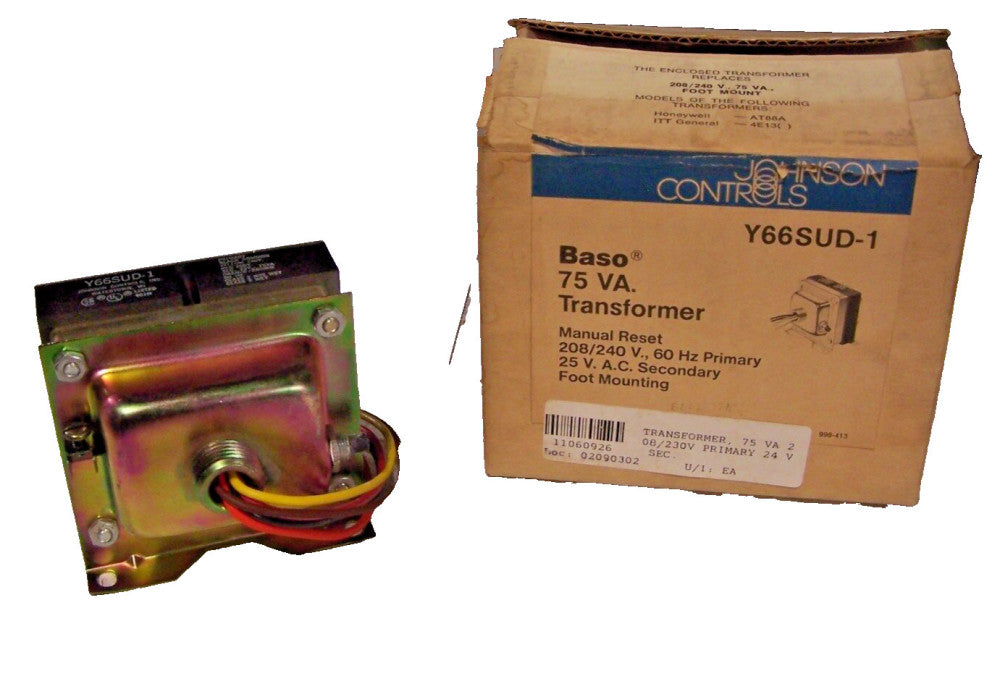 NEW JOHNSON CONTROLS Y66SUD-1 TRANSFORMER 208/240 HV 25 LV 75Va MANUAL RESET