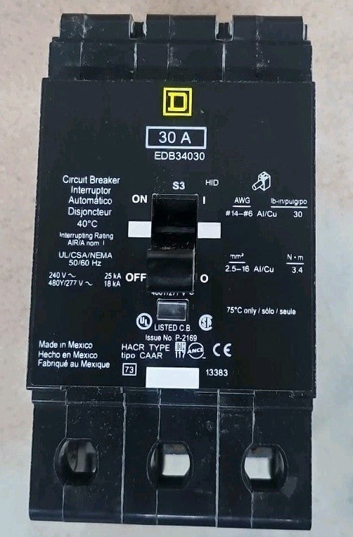 Square D EDB34030 Circuit Breaker 30 Amp 3 Pole 480Y/277V NTO