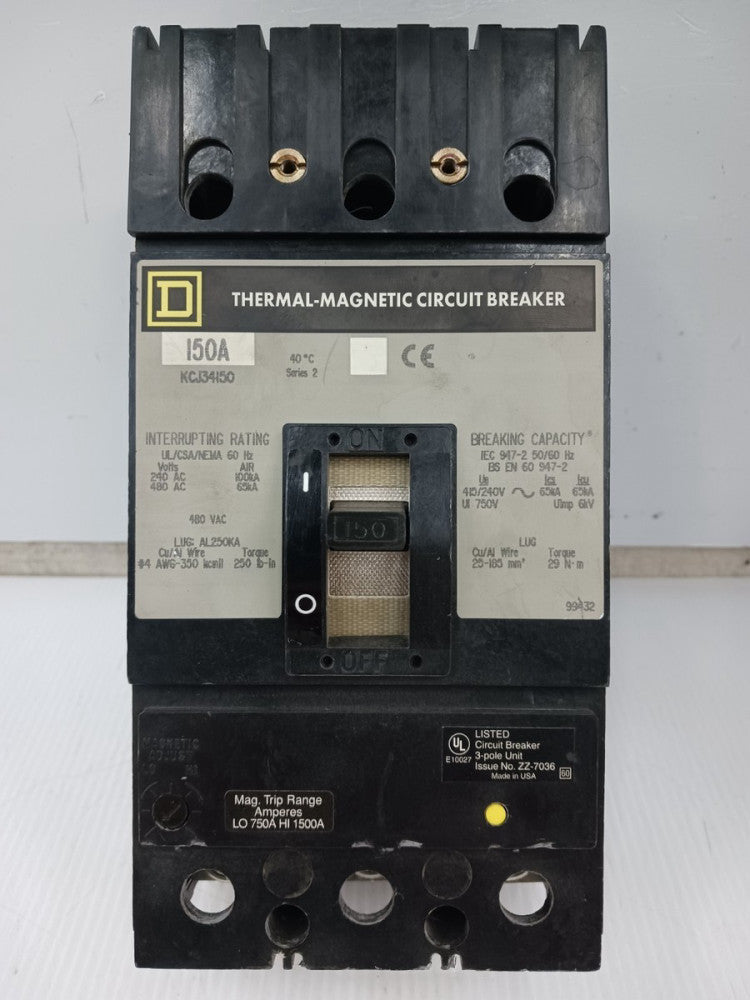 Square D 150 Amp Thermal-Magnetic Circuit Breaker 3 Pole 480 VAC 65kA KCJ34150