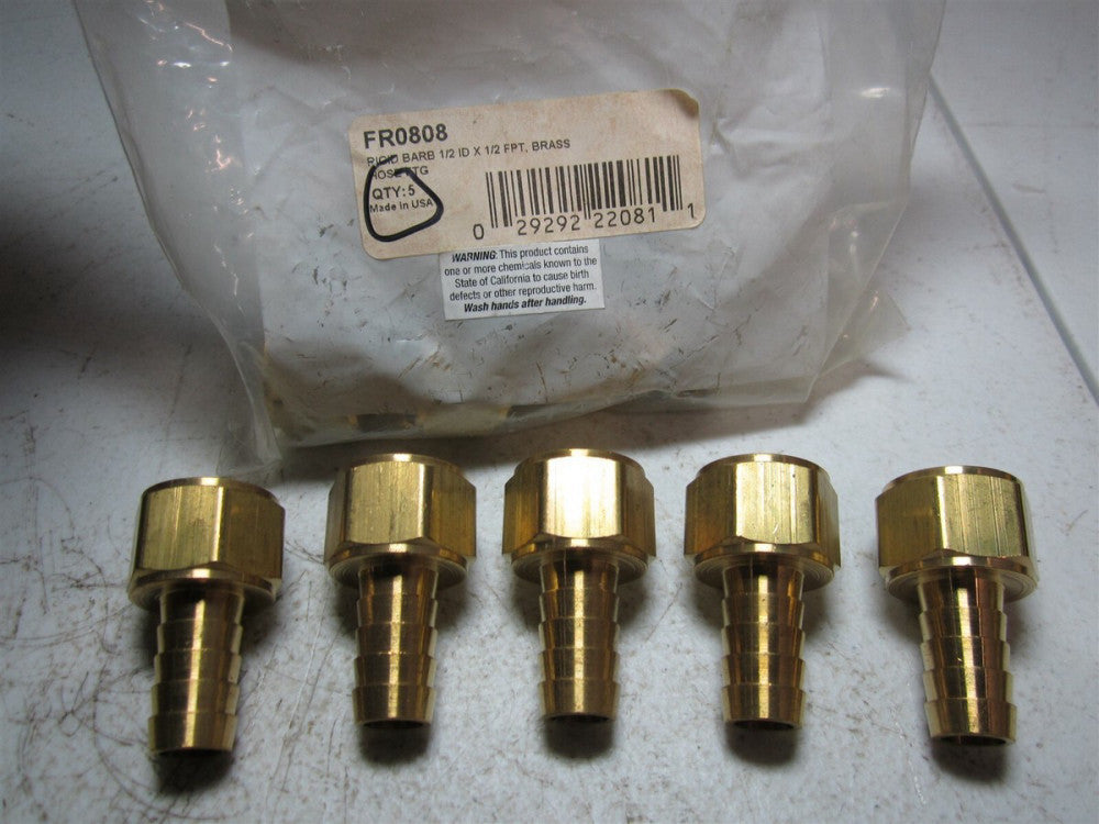 Coilhose Pneumatics FR0808 1/2 ID x 1/2 FPT Brass Rigid Female Hose Barb - Qty 5