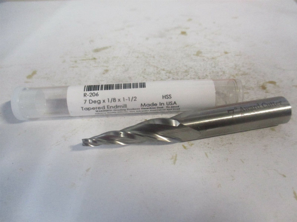 (R-206) 1/8" x 1-1/2" x 1/2" x 3-1/4" OAL HSS 3-Flute Tapered Square End Mill 