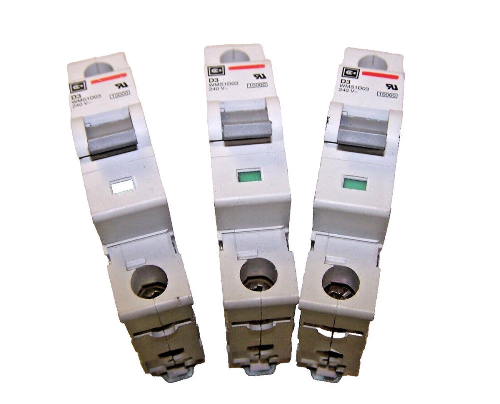 3) CUTLER HAMMER 3 AMP D3 CIRCUIT BREAKERS 240 VAC 1 POLE WMS1D03  LOT OF 3