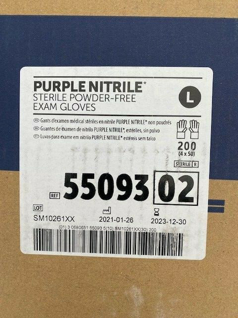 (200 Pair) Kimberly-Clark 55093 Sterile Purple Nitrile Exam Gloves Large 12/2023