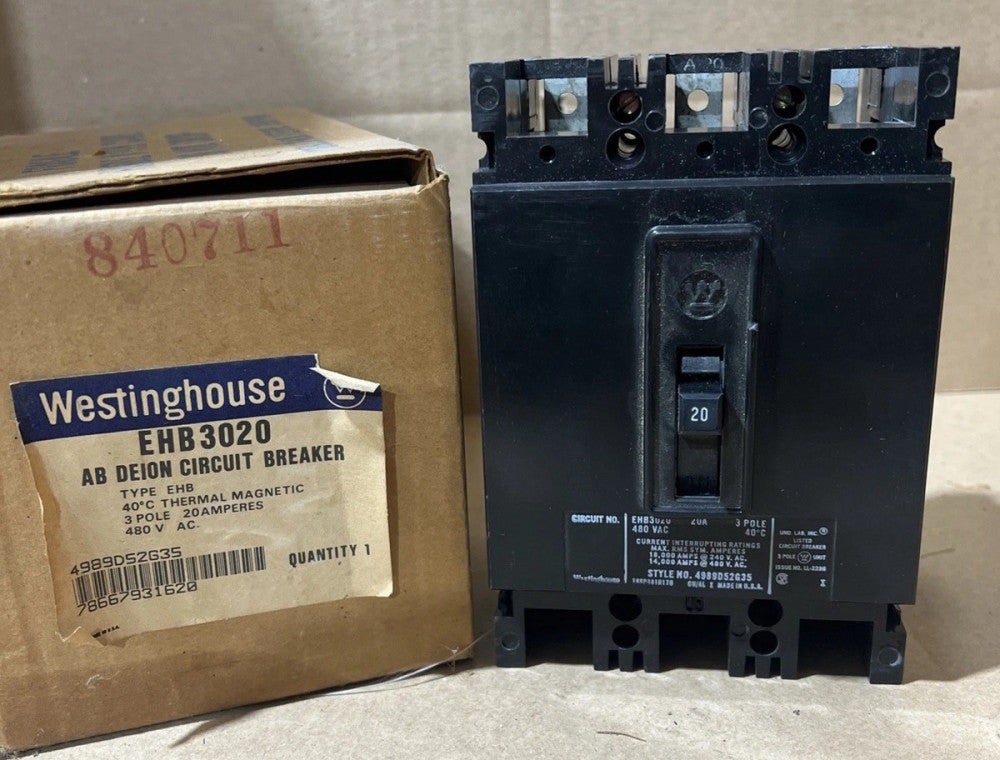 EHB3020 Westinghouse 20A 3 Pole 480 VAC Circuit Breaker - Nos Surplus