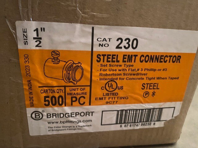 (Case of 500) 230 Bridgeport 1/2" Steel Set/Screw Emt Connector
