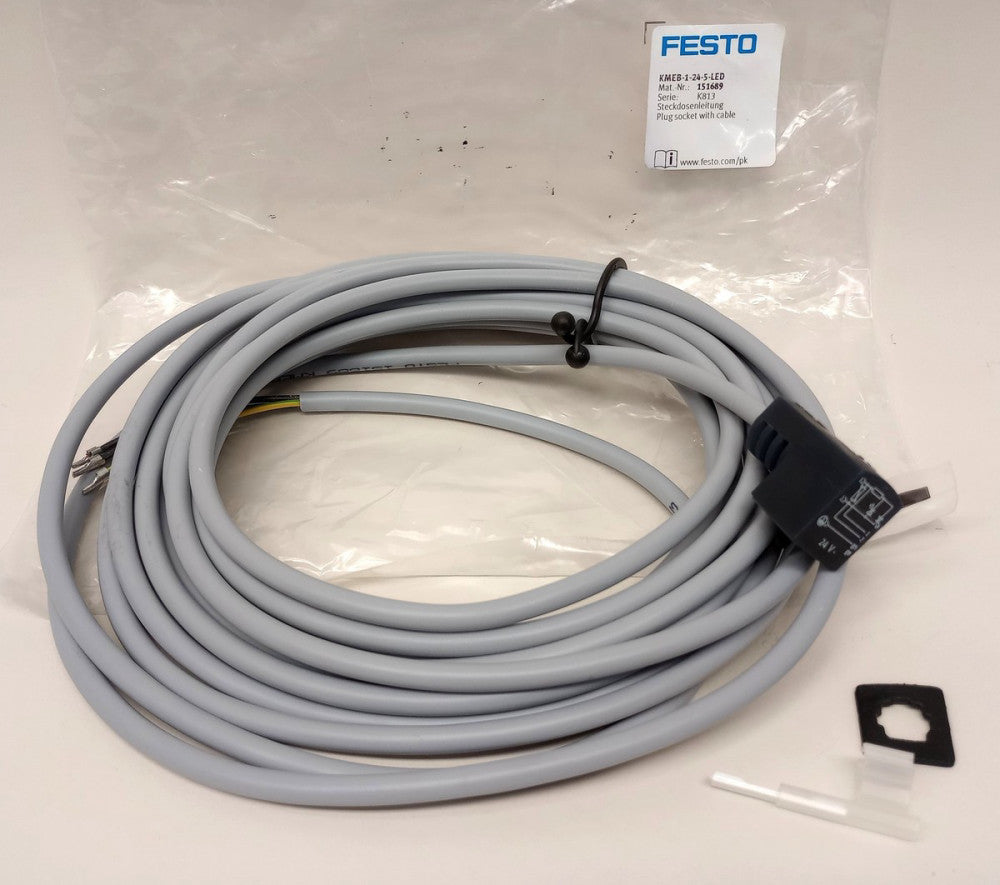Festo KMEB-1-24-5-LED Cable 3 Pin Plug Socket 5M Length LED Indicator