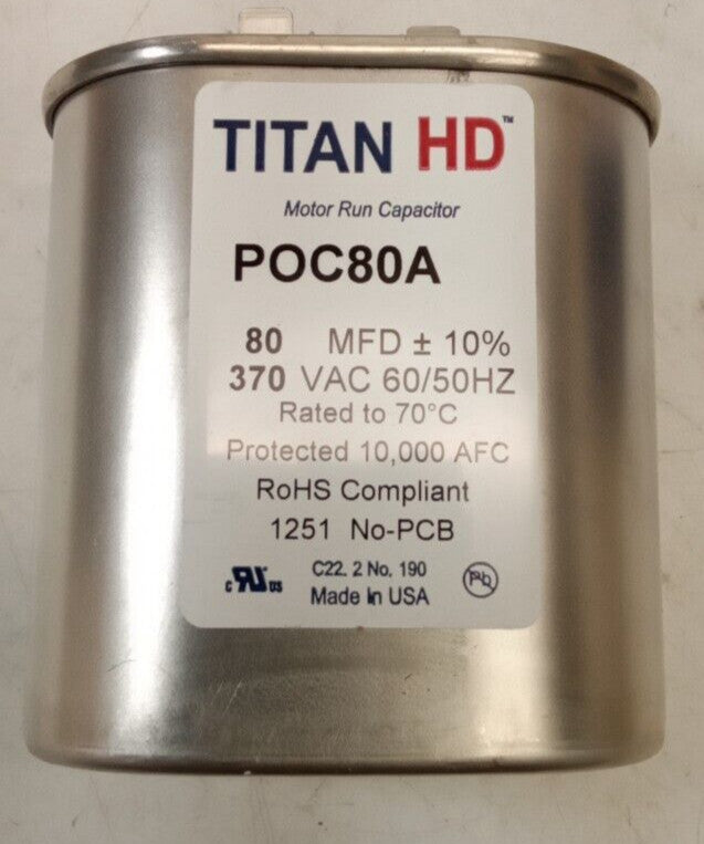 Titan Hd Motor Run Capacitor 80 Mfd 370V Oval POC80A