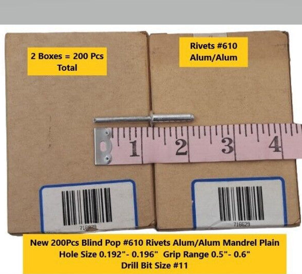 200 Pcs New 3/16" Blind Pop Rivets Alum/Alum Mandrel #610 Dome Head Made in USA