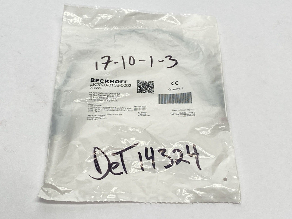 Beckhoff ZK2020-3132-0003 Power Cable Male/Female M8 4-Pin 0.3m 078224