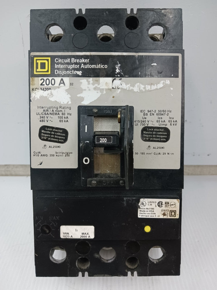 Square D 200 Amp Circuit Breaker 3 Pole 480 VAC 65kA KCL34200