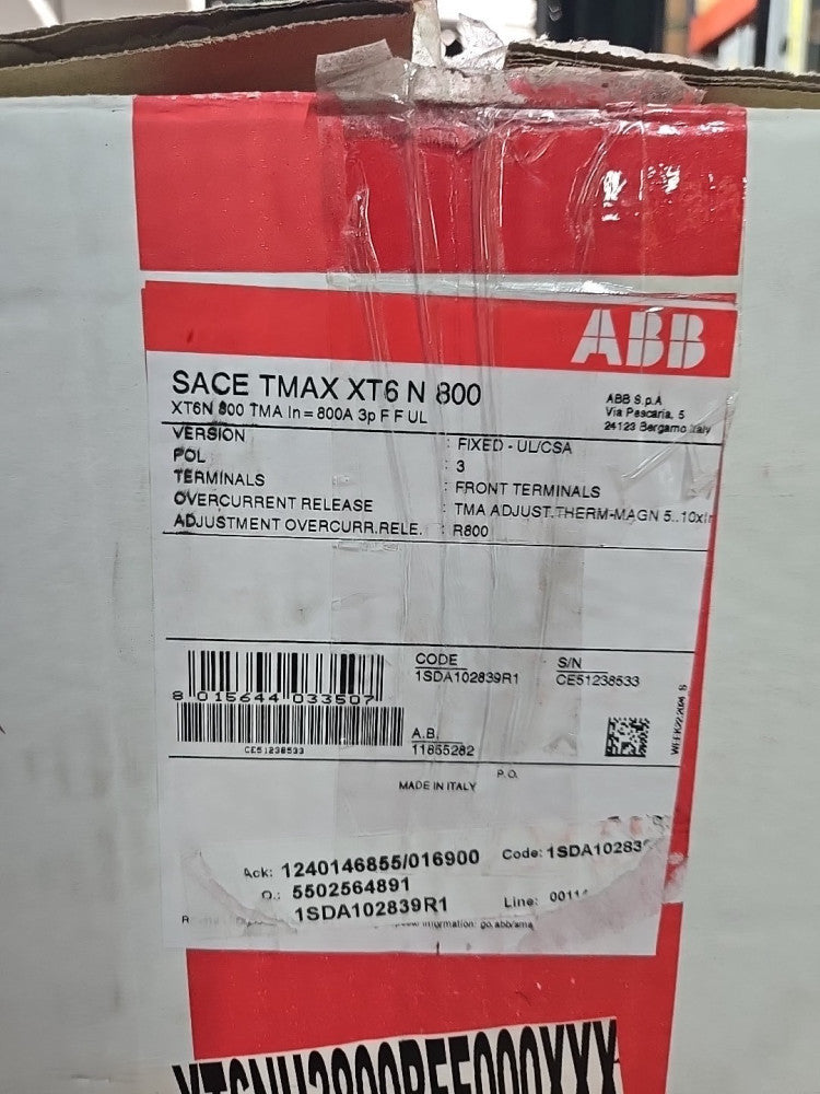New ABB SACE TMAX XT6N 800 Amp 600V Tmax Circuit Breaker 3-Pole