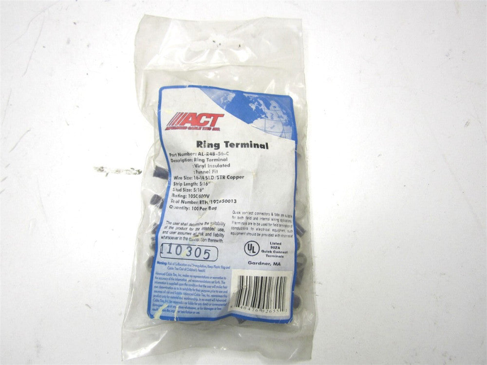 ACT (AL-R4B-56-C) 16-14 AWG Blue Vinyl Ring Terminals - Pack of 100 