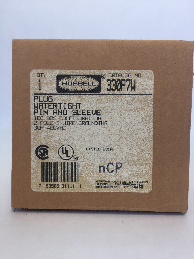HUBBELL 330P7W PLUG WATERTIGHT PIN & SLEEVE 30A 480VAC 2 POLE 3 WIRE GROUNDING  