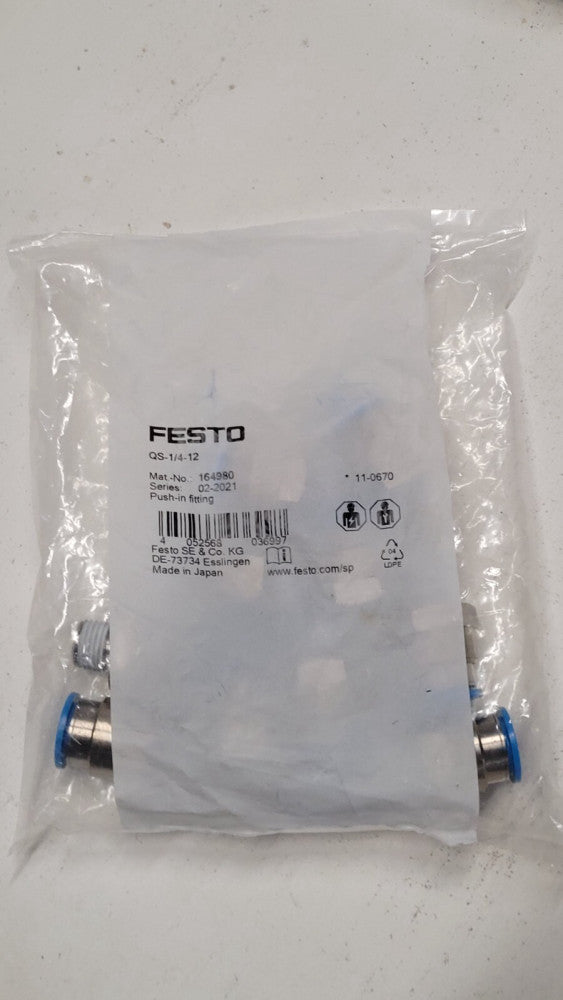 Bag of 10 Festo QS-1/4-12 Push In Pneumatic Fittings R1/4 x 12mm Tubing