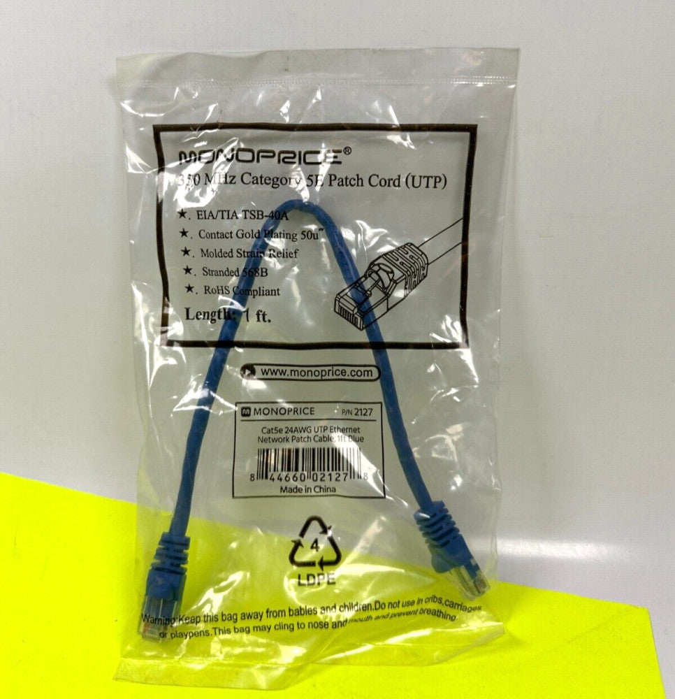 Monoprice 2127 350MHz Category 5E Patch Cord (UTP) 1ft. Long Blue -NEW Fast Ship