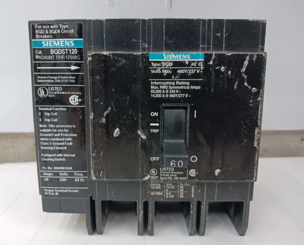 SIEMENS 60 AMP CIRCUIT BREAKER 3 POLE 480Y/277 VAC BQD360 W/ BQDST120 SHUNT TRIP