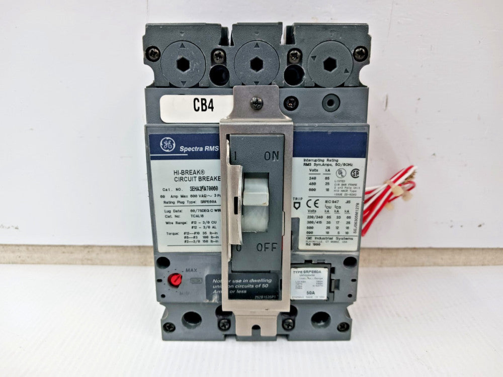 GE 60 Amp Circuit Beaker 3 Pole 600 VAC SEHA36AT0060 W/ 50 Amp Trip & Aux Switch