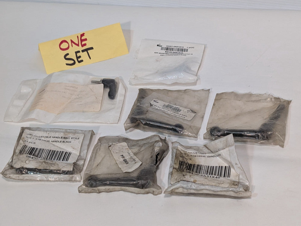 Lot of 7 KIPP K0123.0AE1X15, KHB-280, KHB-64 adjustable ball handles as shown