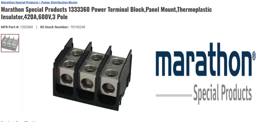 MARATHON SPECIAL PRODUCTS 1333360 Power Terminal Block 420A 600V 3 Pole