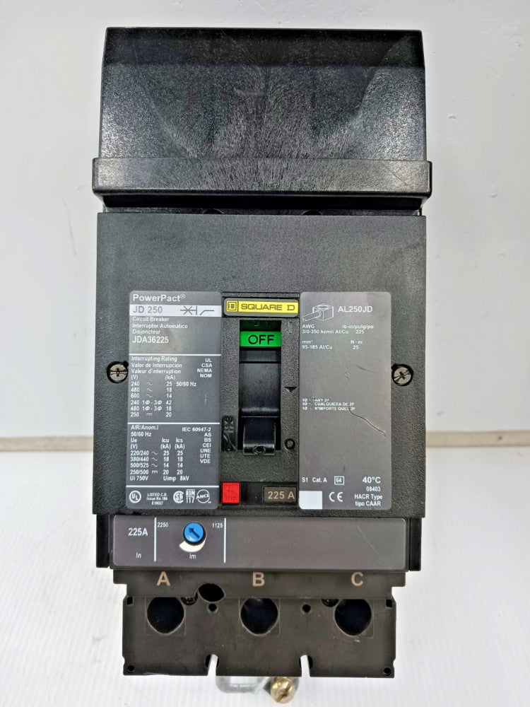 Square D PowerPact 225 Amp I-Line Circuit Breaker 3 Pole 600 VAC 18kA JDA36225