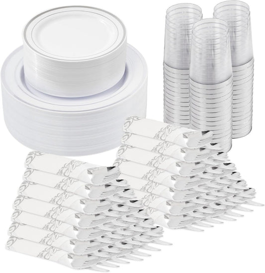 350 Pieces Silver Disposable Plates for 50 Guests, Disposable Plastic Plates