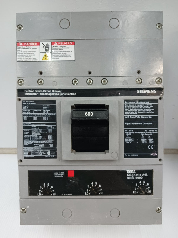 Siemens Sentron 600 Amp Circuit Breaker 3 Pole 600 VAC 100kA HHLXD63B600