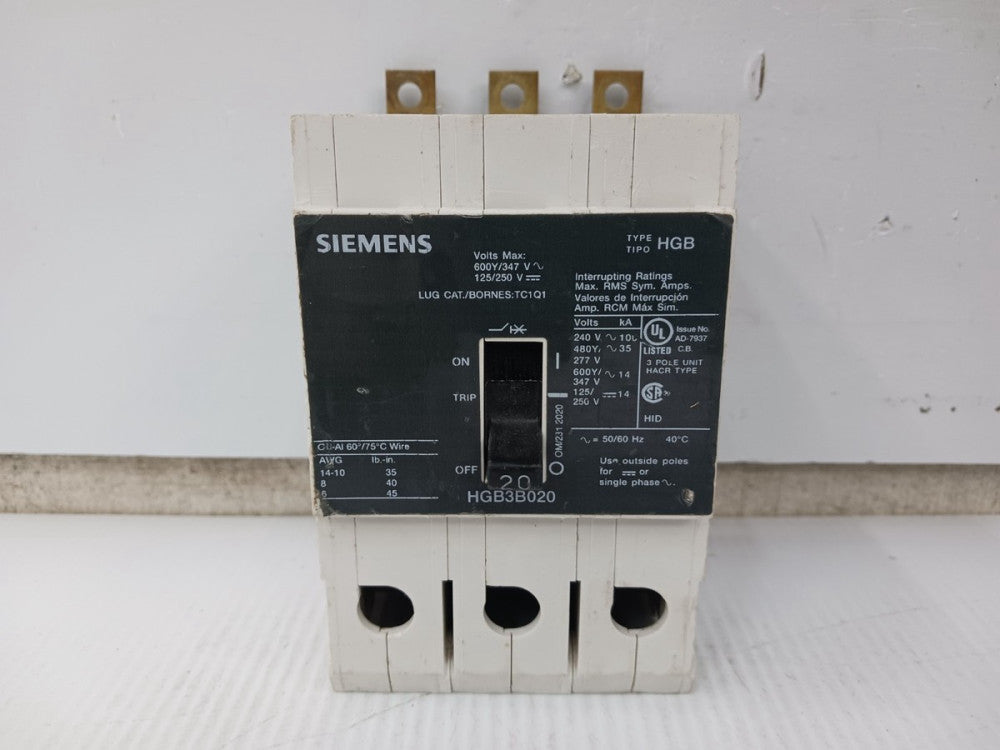 Siemens 20 Amp Bolt-On Circuit Breaker 3 Pole 600Y/347 VAC 35kA HGB3B020