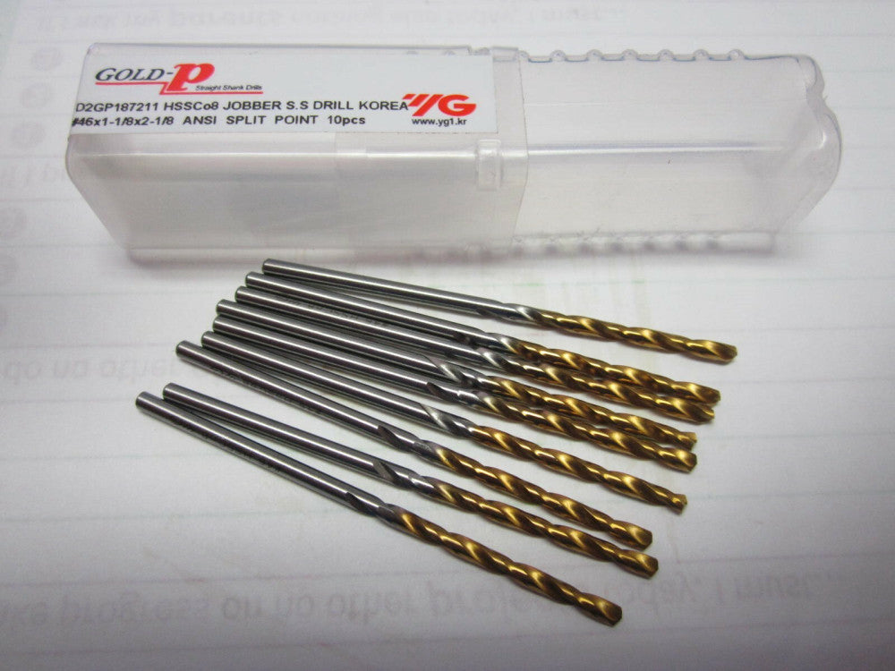 YG-1 (D2GP187211) #46 x 1-1/8" x 2-1/8" HSSCo8 GoldP Jobber Drill Bit - Lot of 9