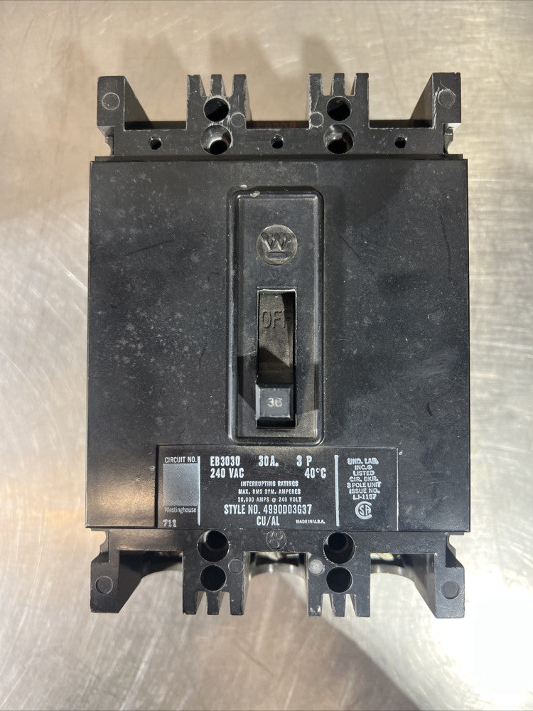 Nos Surplus Westinghouse EB3030 Circuit Breaker 30A 3 Pole