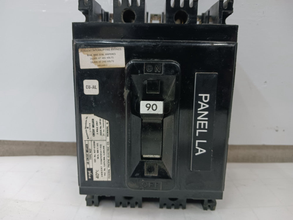 FEDERAL PACIFIC 90 AMP CIRCUIT BREAKER 3 POLE 480 VAC NEF433090