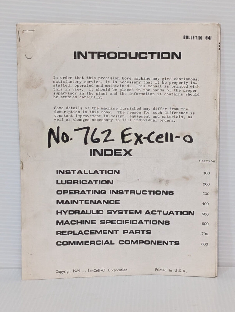 Ex-Cell-O No. 762 Precision Bore Machine Operating Instructions Bulletin 641