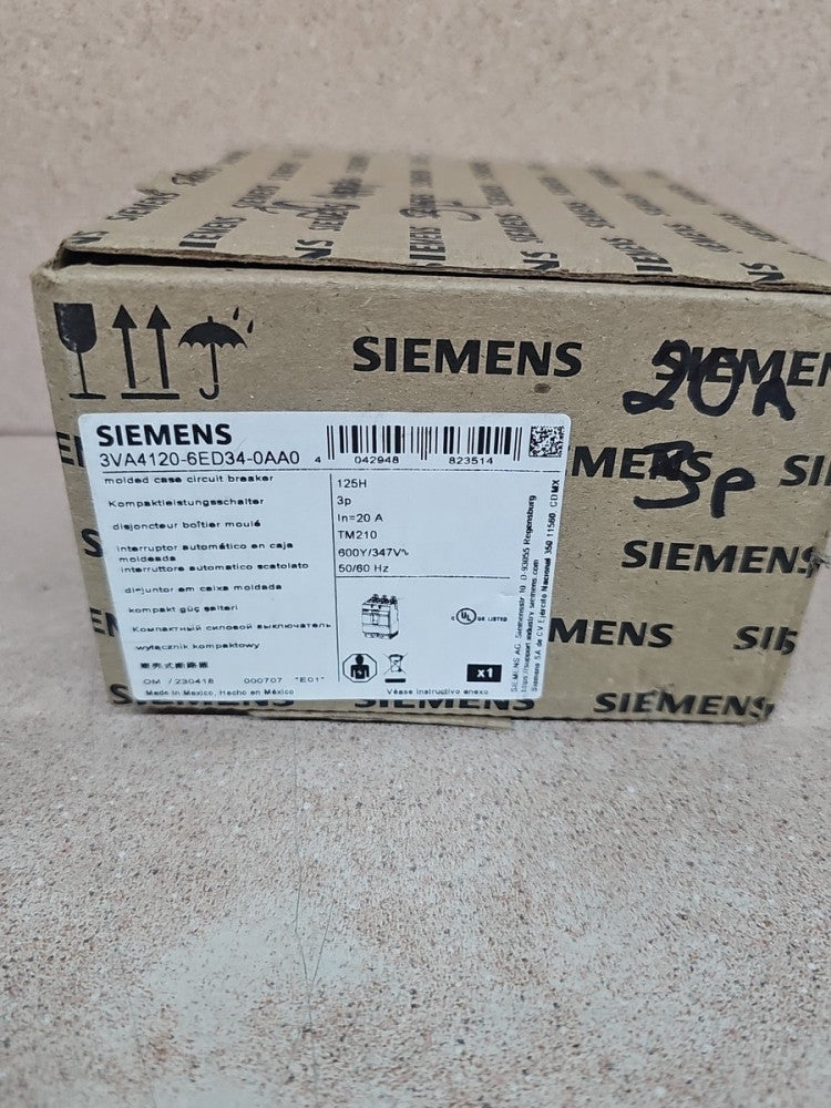 Siemens 3VA4120-6ED34-0AA0 20A 600V 3P Bolt On Circuit Breaker 