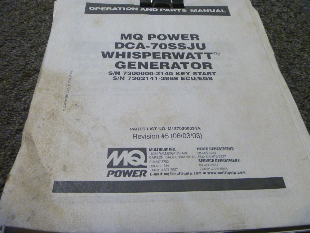 MQ Power DCA-70SSJU Whisperwatt Generator Parts Catalog & Operator Manual