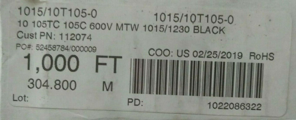 NEW 1015/10T105-0 10 105TC 105C 600V MTW 1015/1230 BLACK