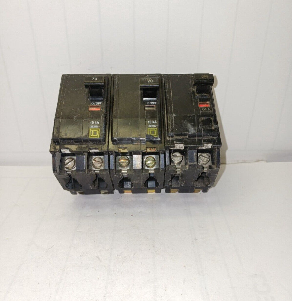 3) SQUARE D 70 AMP CIRCUIT BREAKER 2 POLE 120/240 VAC 10 KA QO270  LOT OF 3