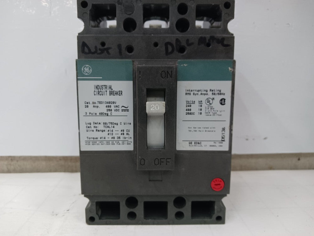 GE 20 AMP CIRCUIT BREAKER 3 POLE 480 VAC TED134020V