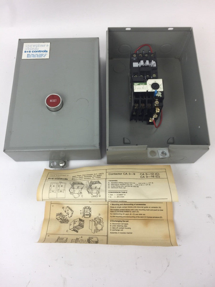SPRECHER + SCHUH CA3-12 CONTACTOR CT3-12 OVERLOAD RELAY WITH ENCLOSURE RESET 