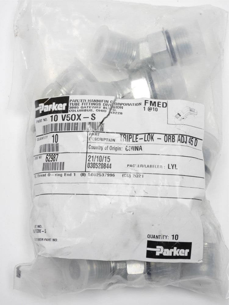 10pcs Parker 10 V50X-S Triple-LOK 45° Straight Thread Elbow 37° Flare / SAE-ORB 